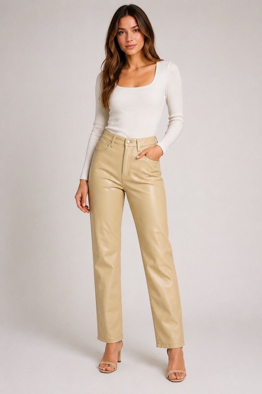 Abercrombie & Fitch Vegan Leather Pants 2 26 High Rise Straight Cream Beige Chic